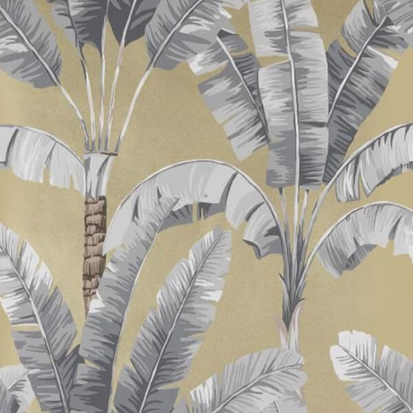 Papel pintado tropical en color gris sobre fondo dorado Palmaria W7210-02