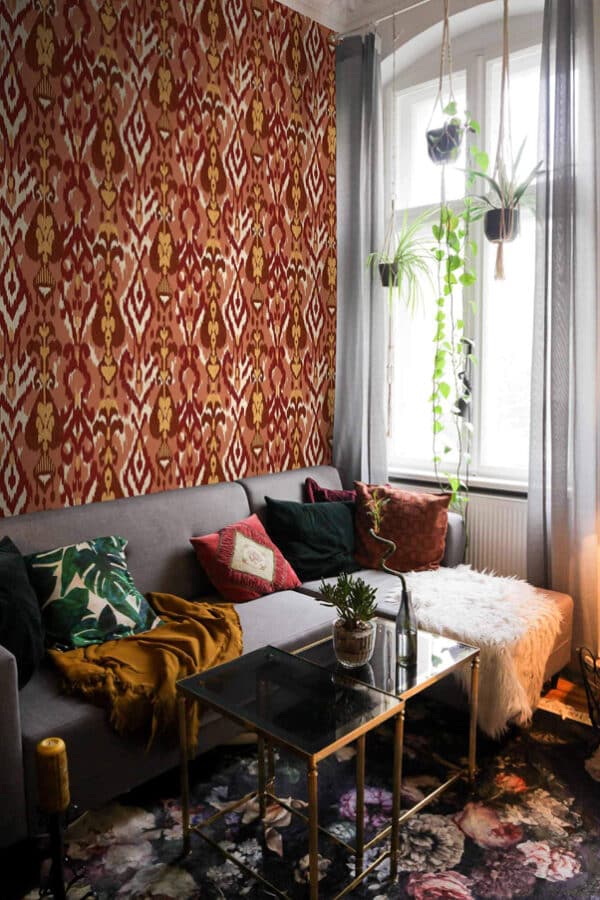 Papel pintado de thai ikat en color rojo Uzbek A00812 - Imagen 3