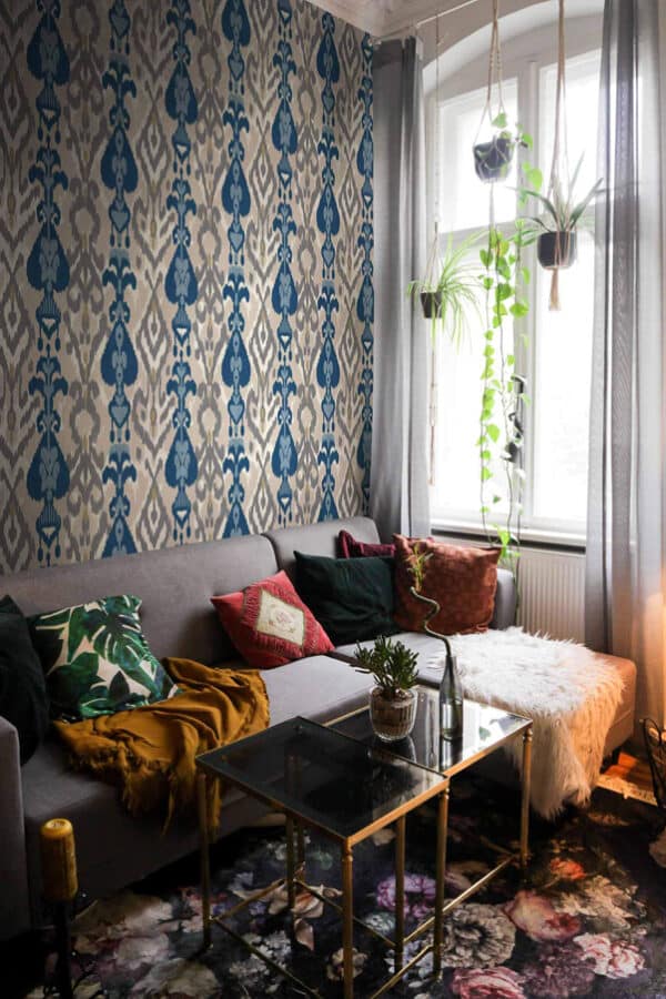 Papel pintado de thai ikat en color azul Uzbek A00815 - Imagen 3
