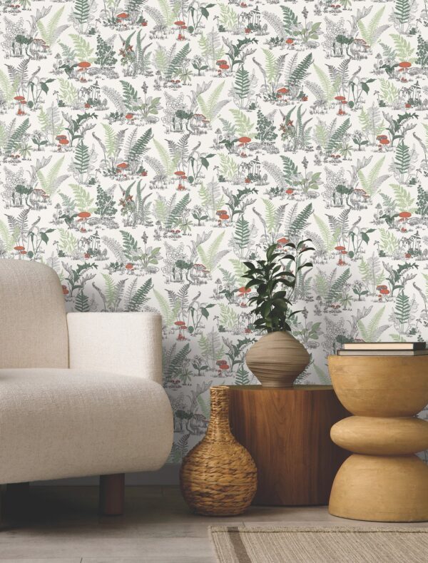 Papel pintado estampado floral en color gris Mushroom Garden Toile RT7893 - Imagen 9
