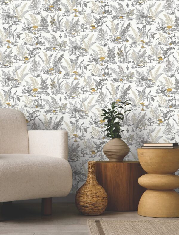 Papel pintado estampado floral en color gris Mushroom Garden Toile RT7893 - Imagen 6