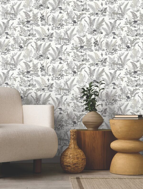 Papel pintado estampado floral en color gris Mushroom Garden Toile RT7893 - Imagen 3