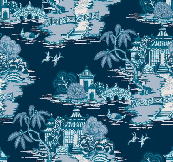 Papel pintado de Toile de Jouy en color azul Pagoda and Sampan Scenic RT7901