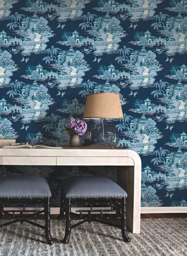 Papel pintado de Toile de Jouy en color beige Pagoda and Sampan Scenic RT7902 - Imagen 7
