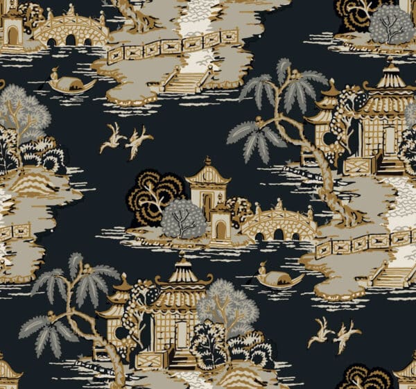 Papel pintado de Toile de Jouy en color beige Pagoda and Sampan Scenic RT7902