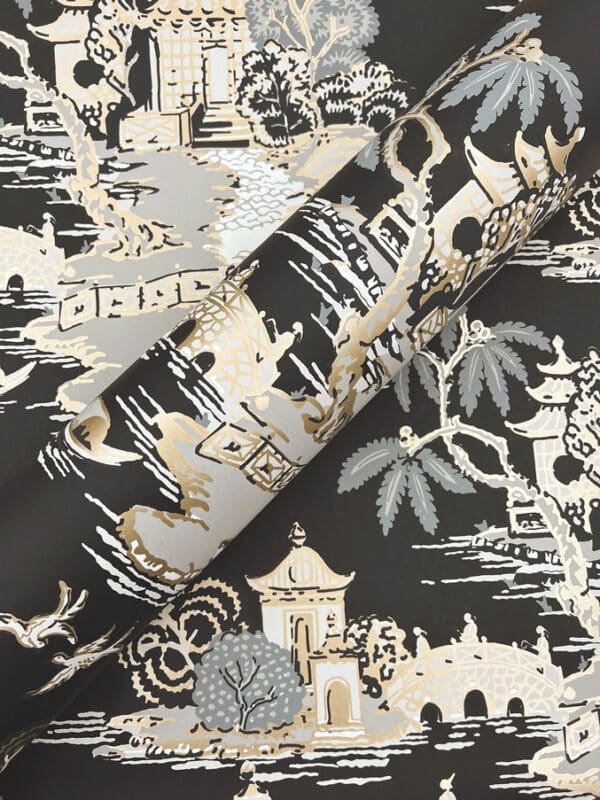 Papel pintado de Toile de Jouy en color beige Pagoda and Sampan Scenic RT7902 - Imagen 5