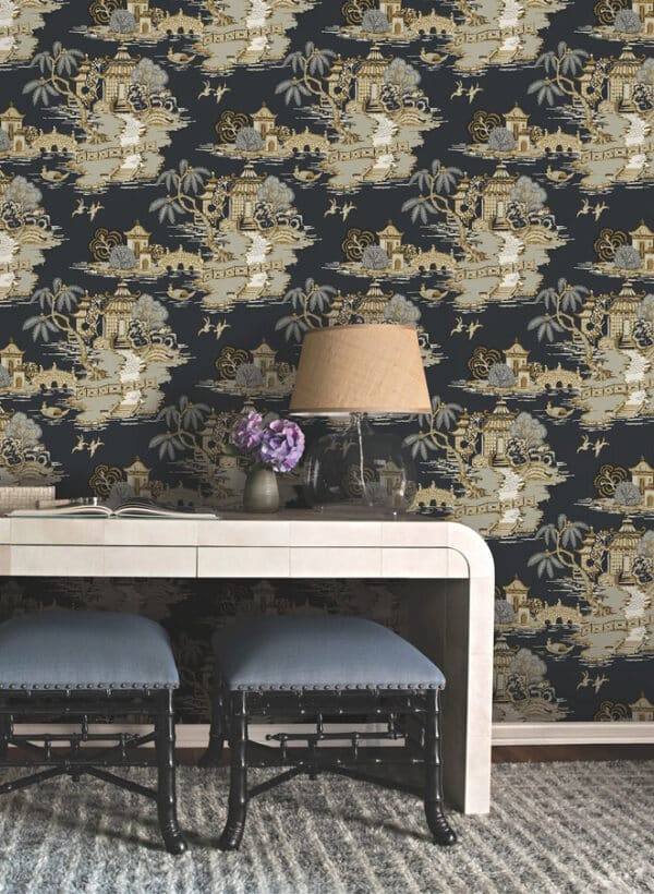 Papel pintado de Toile de Jouy en color beige Pagoda and Sampan Scenic RT7902 - Imagen 4