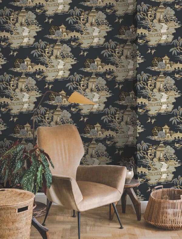 Papel pintado de Toile de Jouy en color beige Pagoda and Sampan Scenic RT7902 - Imagen 3