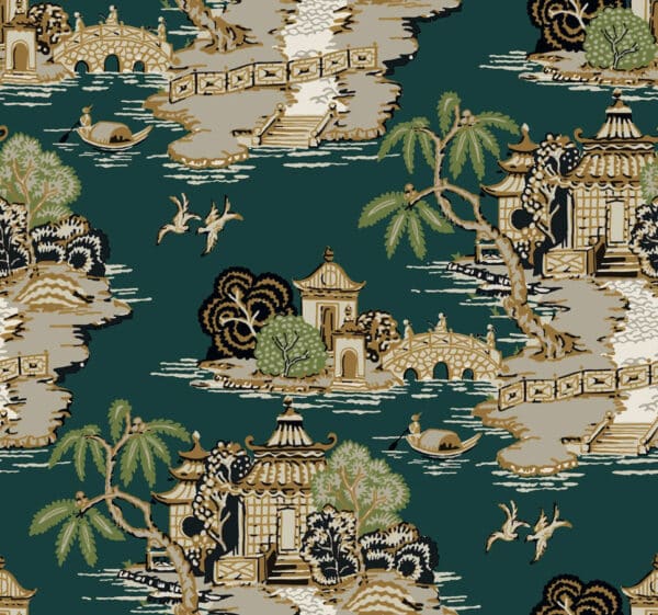 Papel pintado de Toile de Jouy en multicolor Pagoda and Sampan Scenic RT7903