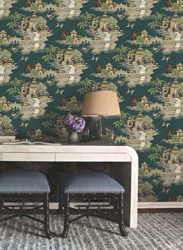 Papel pintado de Toile de Jouy en color beige Pagoda and Sampan Scenic RT7902 - Imagen 13