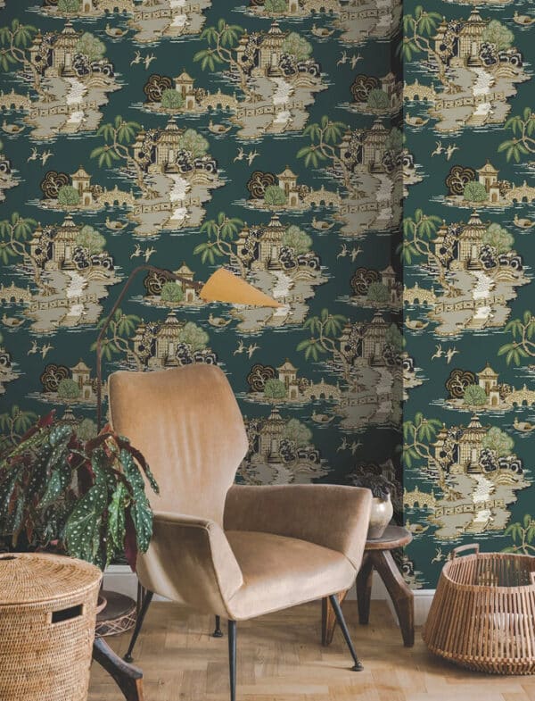 Papel pintado de Toile de Jouy en color beige Pagoda and Sampan Scenic RT7902 - Imagen 12