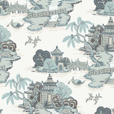 Papel pintado de Toile de Jouy en color azul Pagoda and Sampan Scenic RT7904