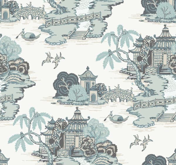 Papel pintado de Toile de Jouy en color azul Pagoda and Sampan Scenic RT7904