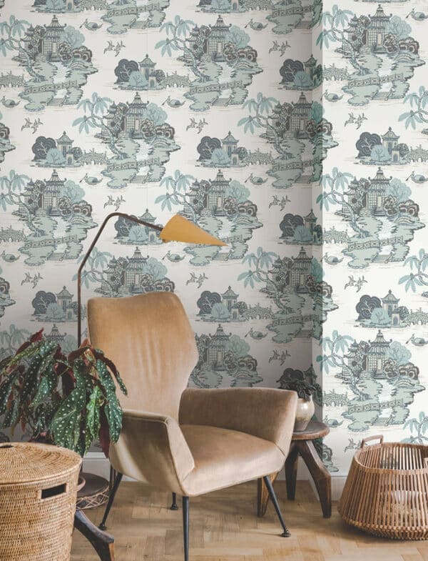 Papel pintado de Toile de Jouy en color beige Pagoda and Sampan Scenic RT7902 - Imagen 9