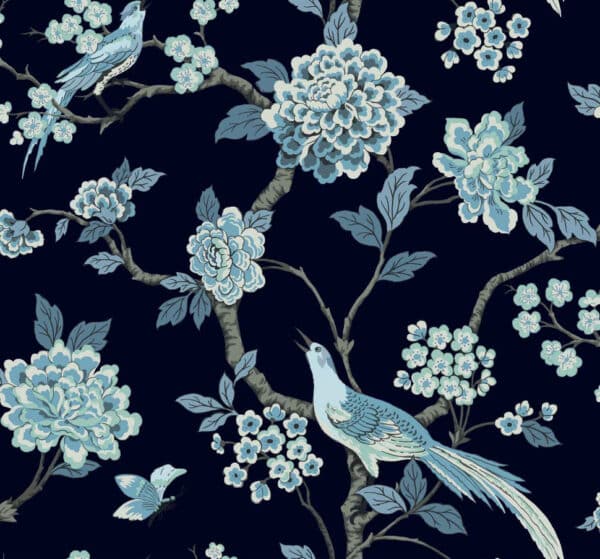 Papel pintado de estampado floral en color azul Bird Song Navy A00003