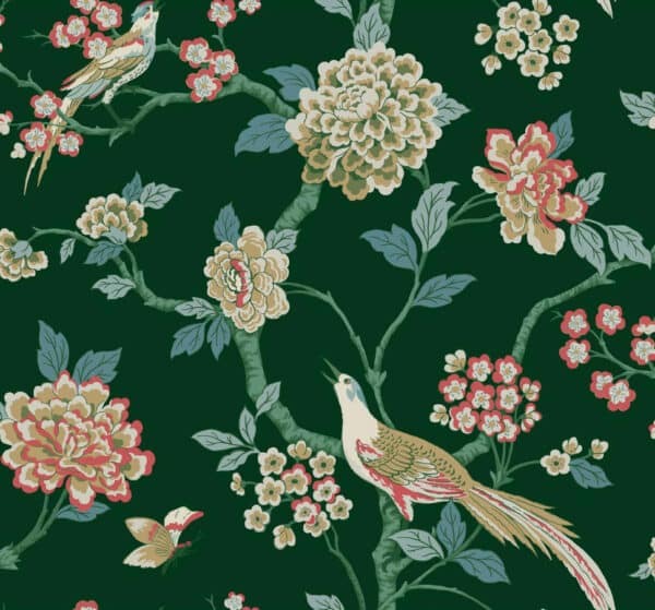 Papel pintado de estampado floral en color verde Bird Song Emerald A00004