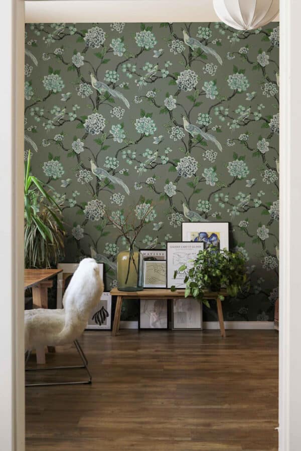 Papel pintado de estampado floral en color azul Bird Song Navy A00003 - Imagen 4