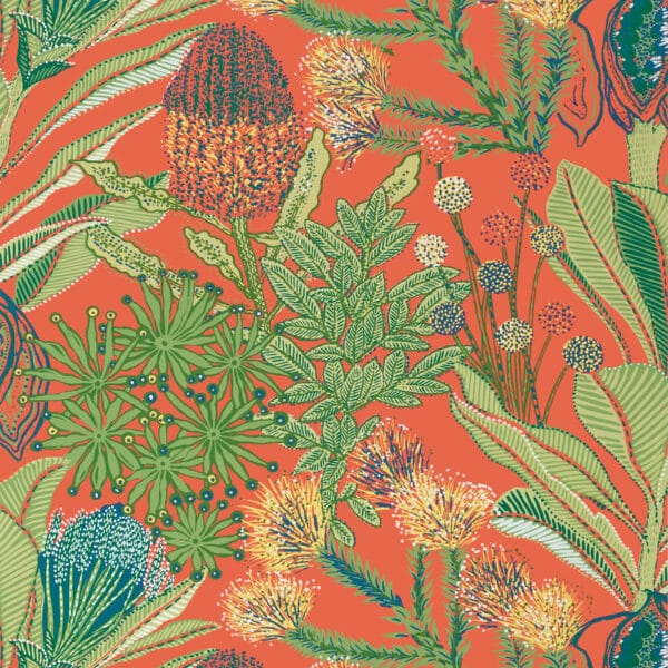 Papel pintado de estampado floral en color rojo Protea Coral T13906