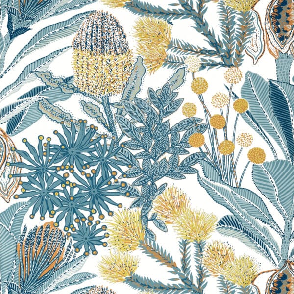 Papel pintado de estampado floral en color azul Protea Blue T13922