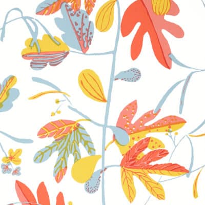 Papel pintado de hojas en color rojo Matisse Leaf Coral and Yelow T16206