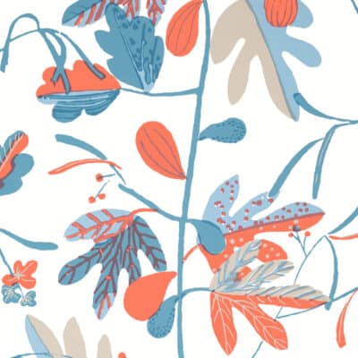 Papel pintado de hojas en color azul Matisse Leaf French Blue and Coral T16207