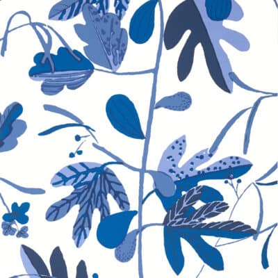 Papel pintado de hojas en color azul Matisse Leaf Blue and White T16211