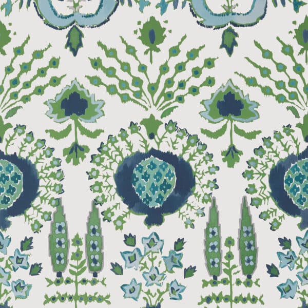 Papel pintado de estampado floral en color verde Mendoza Suzani Blue and Green on White T16240