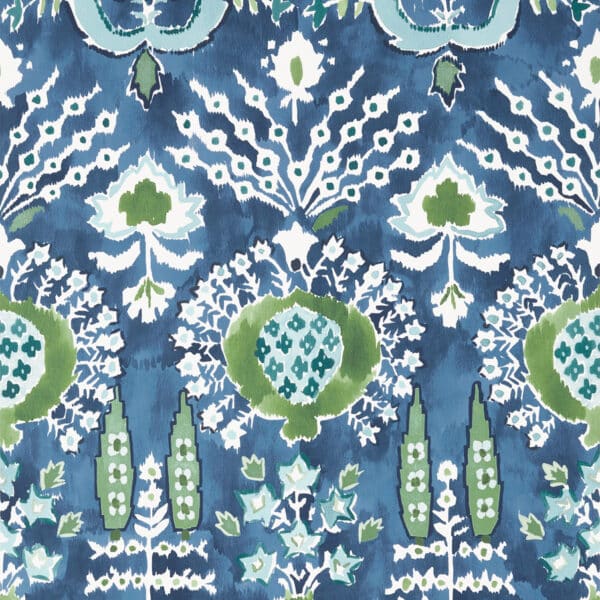 Papel pintado de estampado floral en color azul Mendoza Suzani Blue and Green on Navy T16241