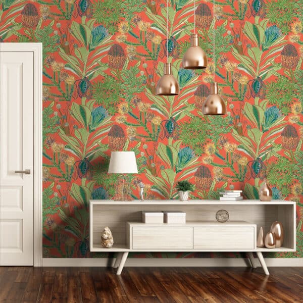 Papel pintado de estampado floral en color rojo Protea Coral T13906 - Imagen 5