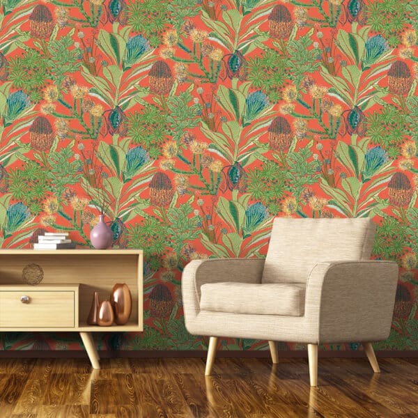 Papel pintado de estampado floral en color rojo Protea Coral T13906 - Imagen 4