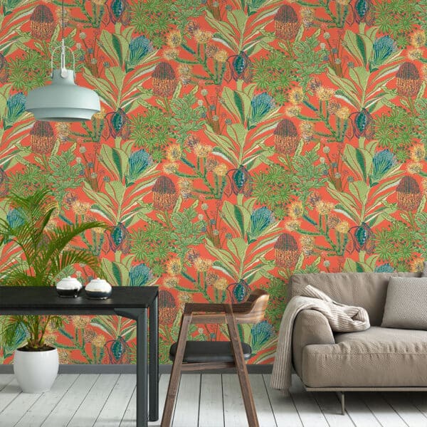 Papel pintado de estampado floral en color rojo Protea Coral T13906 - Imagen 3