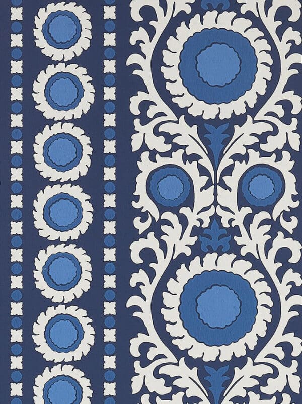 Papel pintado de medallones en color azul Samrina Indigo W7904-01
