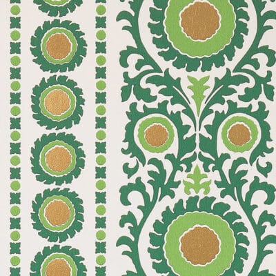 Papel pintado de medallones en color verde Samrina Fir-Metallic Gold W7904-04