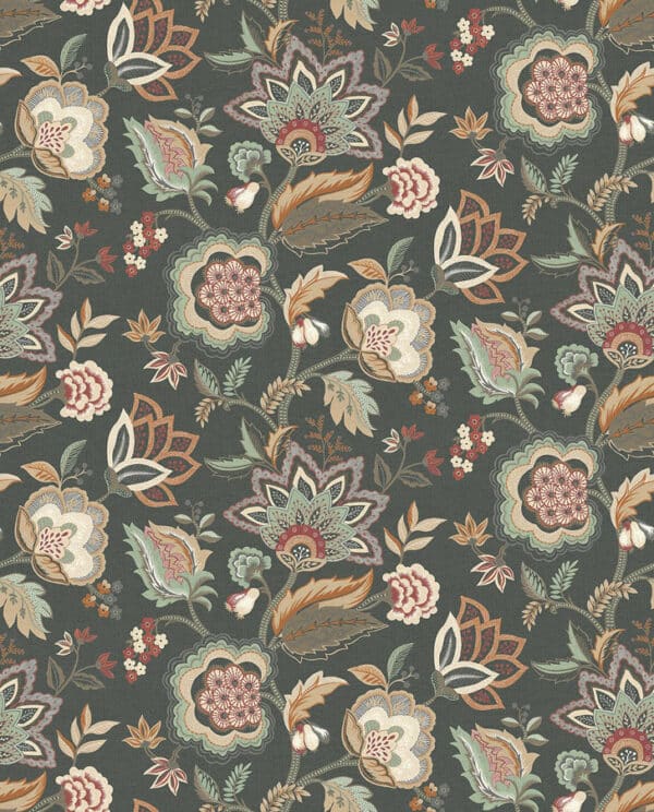 Papel pintado de estampado floral en color verde Samode Charcoal-Eucalyptus W7905-02