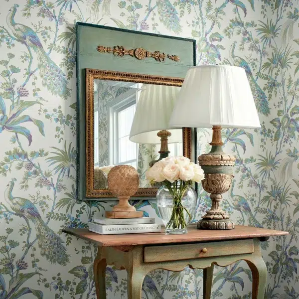 Papel pintado estampado floral en color azul Peacock Toile AT57833 - Imagen 19
