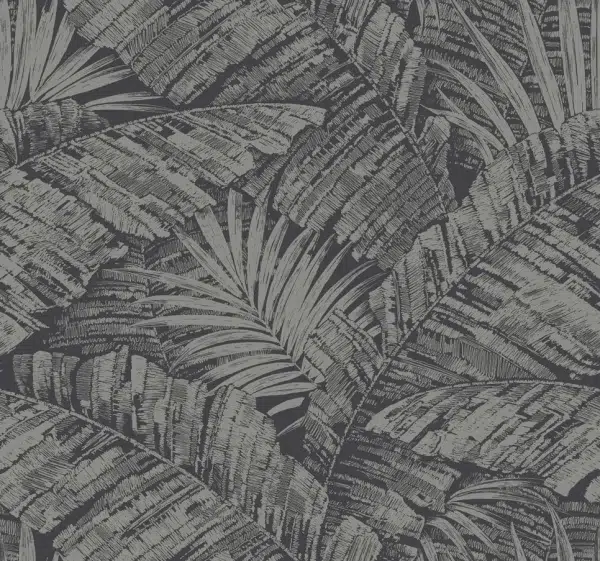 Papel pintado de hojas en color negro y plata Palm Cove Toile RT7923