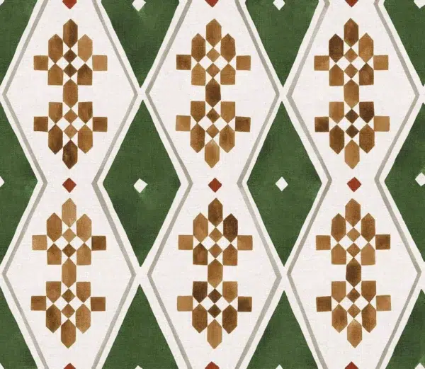 Papel pintado geométrico de rombos en color verde Beldi Rugs Leaves B00448
