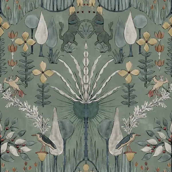 Papel pintado estampado en color verde Oasis Villa Celadon B00435