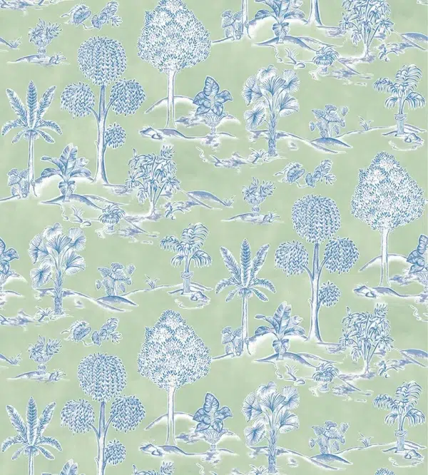 Papel pintado de toile de jouy en color verde Karuna W8033-01
