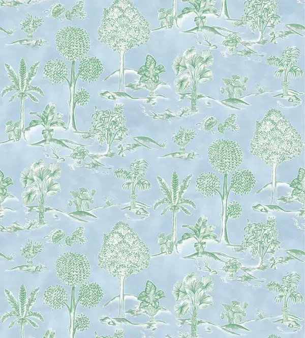 Papel pintado de toile de jouy en color azul Karuna W8033-02
