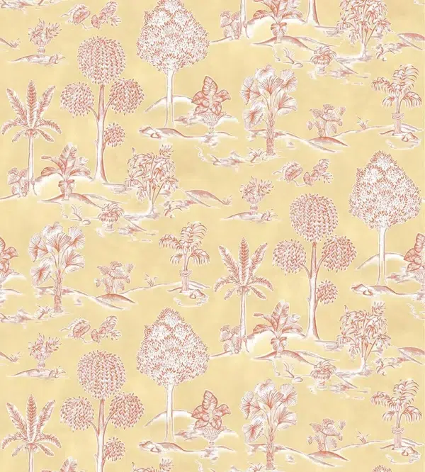 Papel pintado de toile de jouy en color amarillo Karuna W8033-03