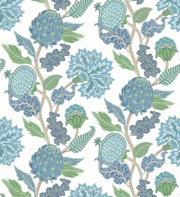Papel pintado estampado floral en color azul Cynara W8034-02