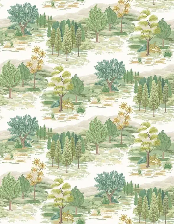 Papel pintado de árboles en color verde Monteverde W8035-01