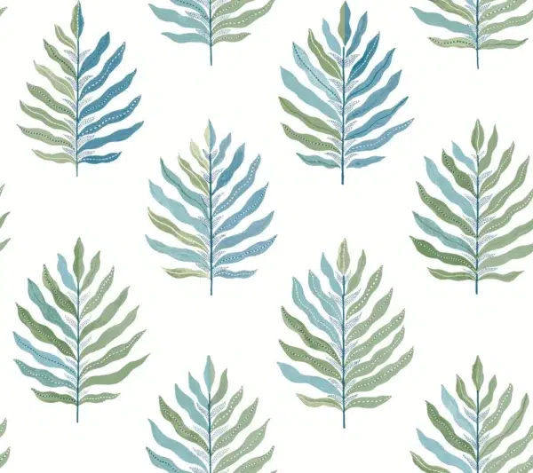 Papel pintado de hojas en color azul Miramar MT5602