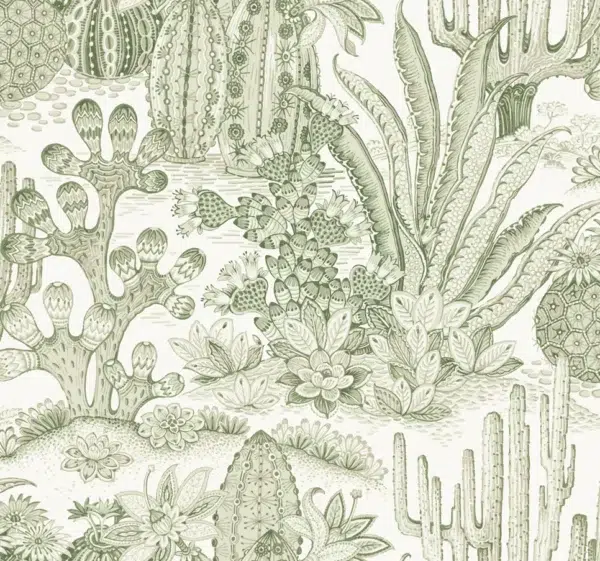 Papel pintado de estampado floral en color verde Lotus Land Cacti MT5631
