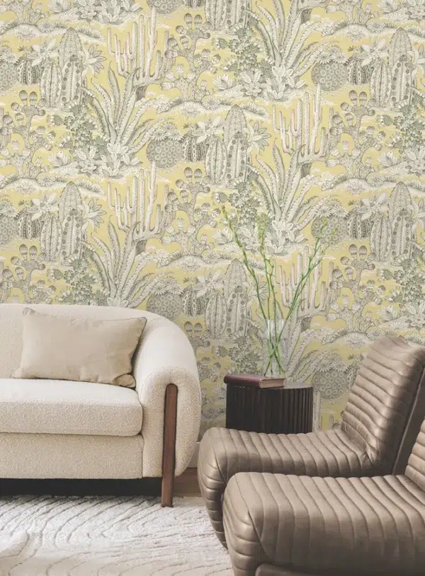 Papel pintado de estampado floral en color amarillo Lotus Land Cacti MT5635 - Imagen 4