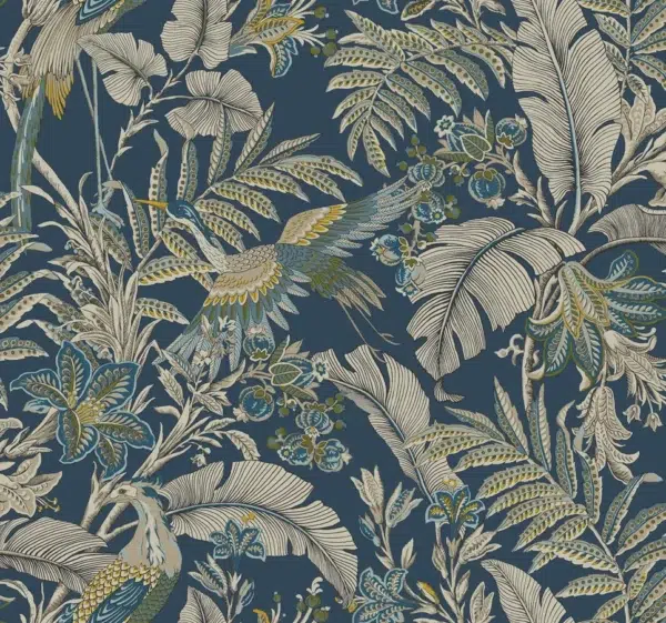 Papel pintado estampado floral de color azul Heronwood AB3103