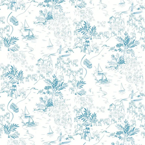 Papel pintado de Toile de Jouy en color azul Paysage Littoral Bateaux 36230301