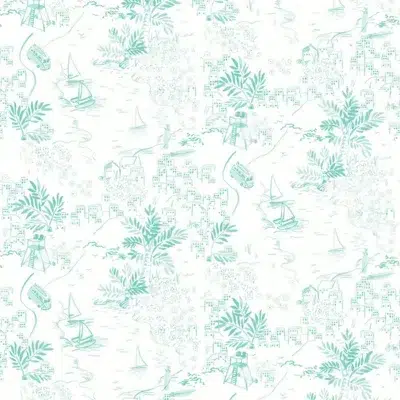 Papel pintado de Toile de Jouy en color verde Paysage Littoral Bateaux 36230304