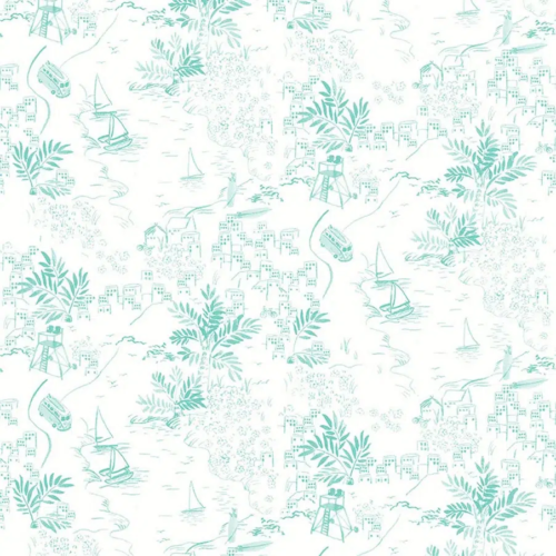 Papel pintado de Toile de Jouy en color verde Paysage Littoral Bateaux 36230304